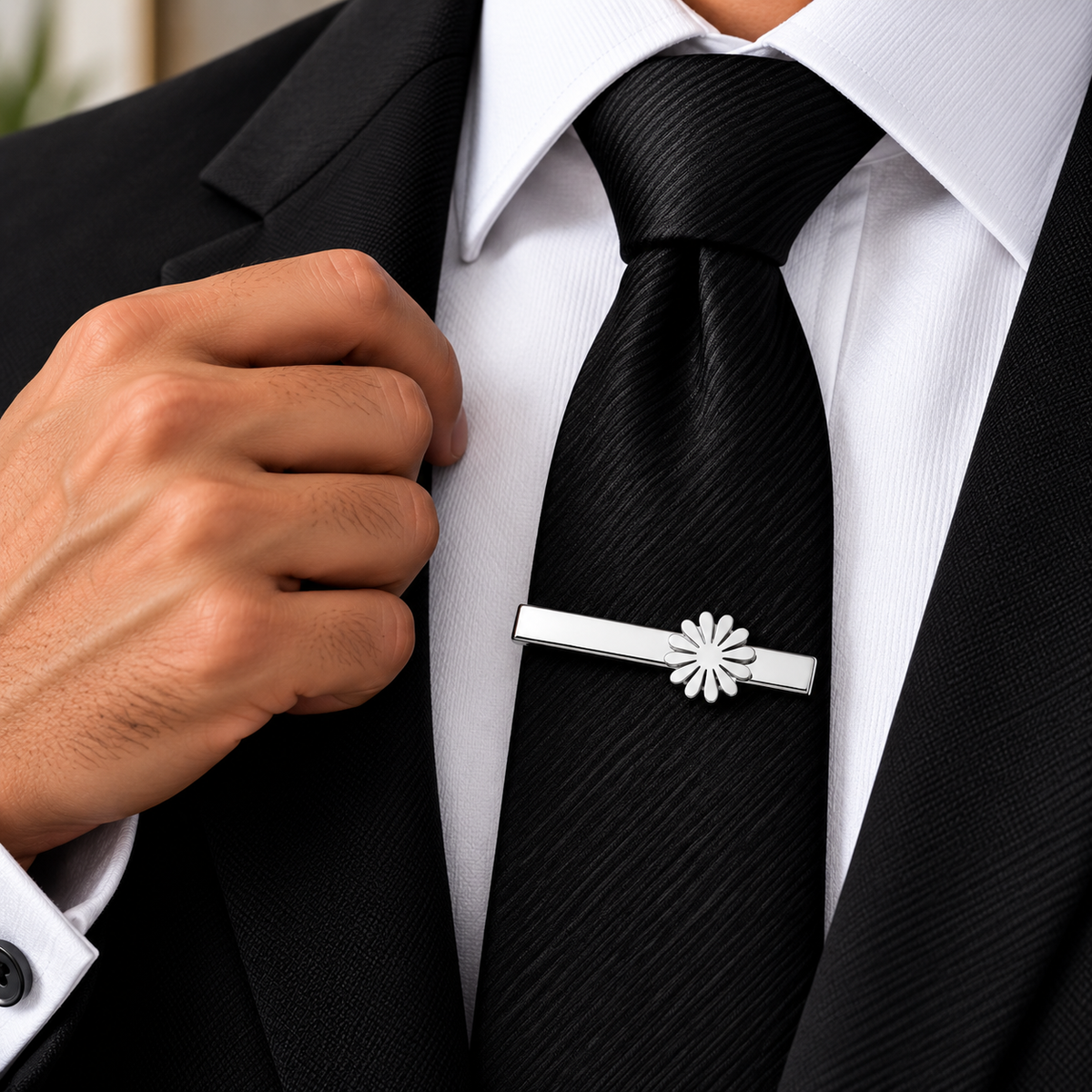 The Daisy Charm White Enamel Flower Tie Clip - Model