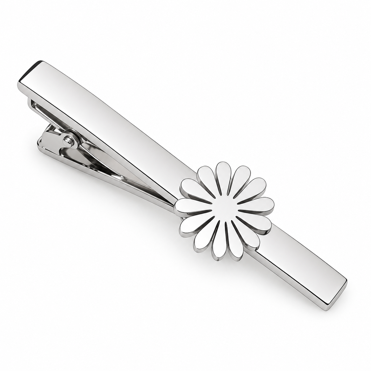 The Daisy Charm White Enamel Flower Tie Clip - Flat Lay