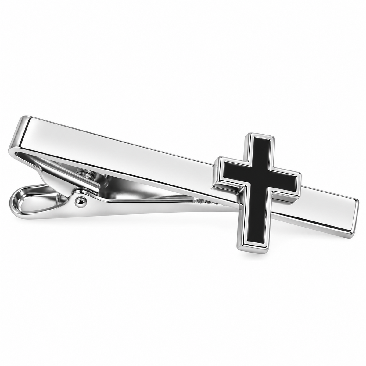 The Sacred Cross Silver & Noir Tie Clip - Flat Lay