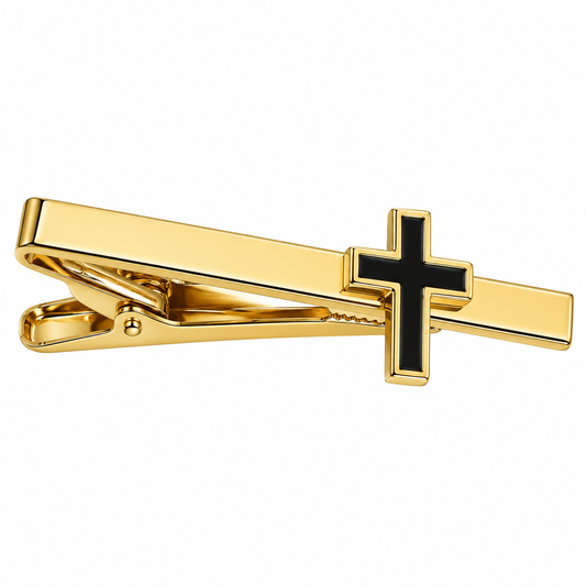 The Sacred Cross Gold & Noir Tie Clip - Flat Lay