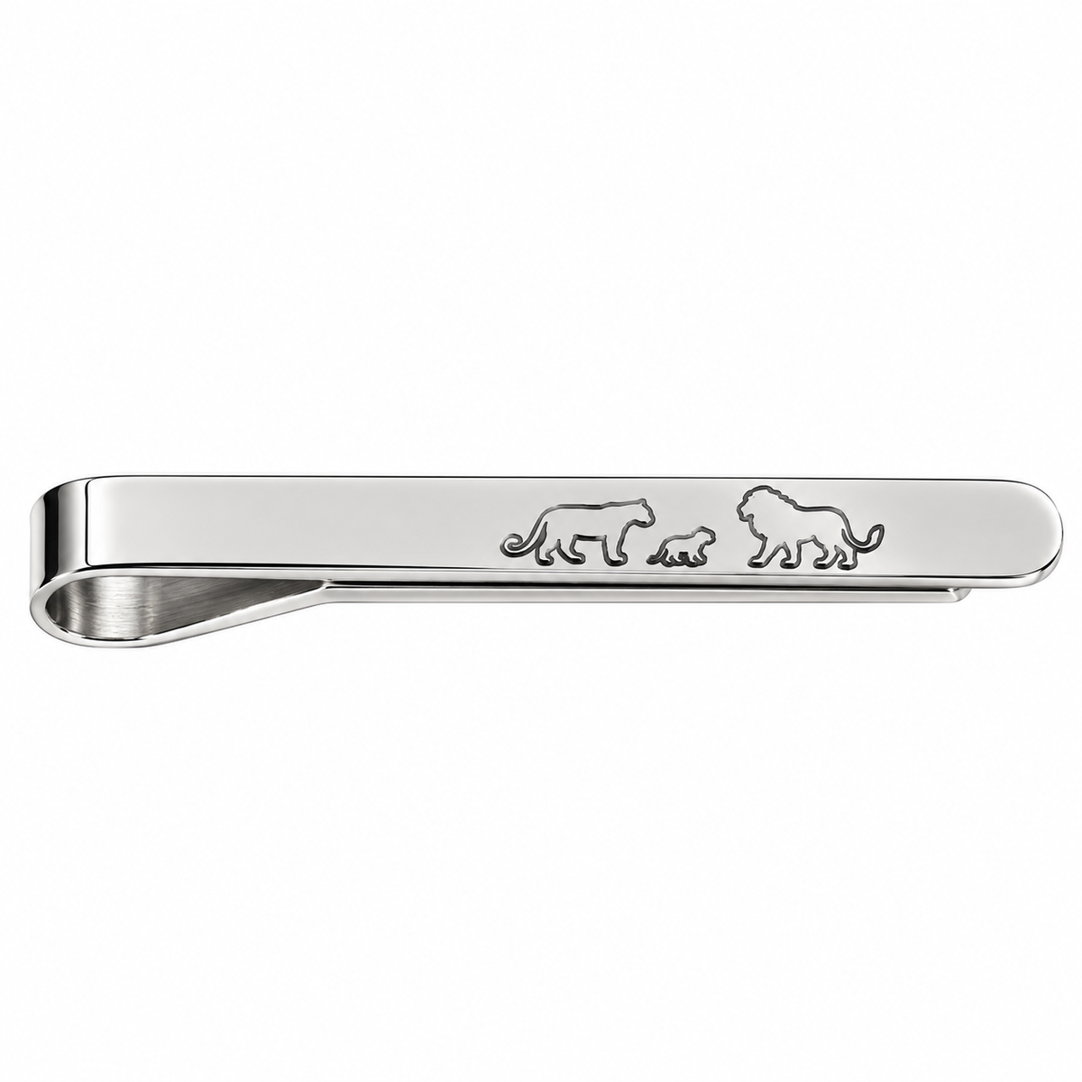 Albetro The Pride lion family engraved silver tie clip on white background