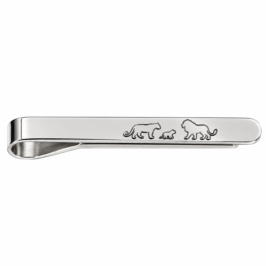 Albetro The Pride lion family engraved silver tie clip on white background