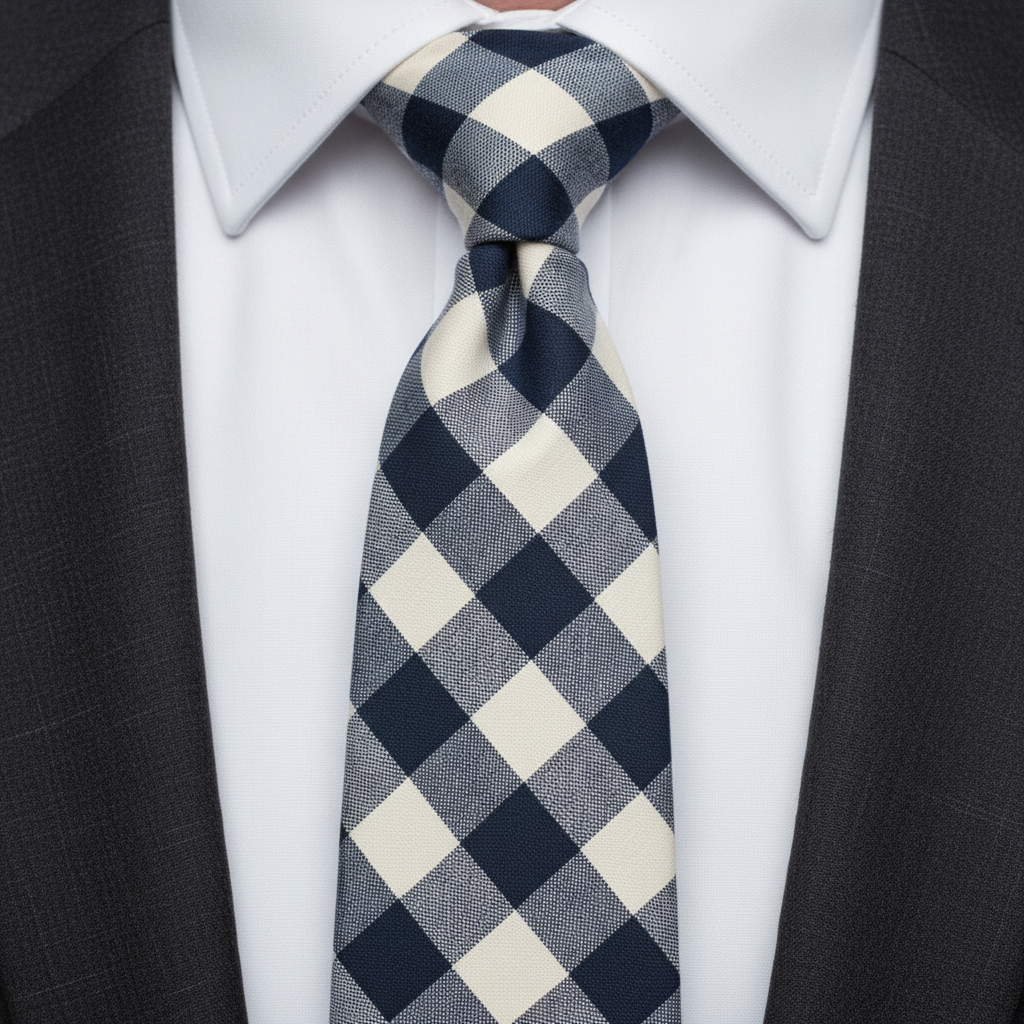 Navy and White Gingham Check Cotton Tie