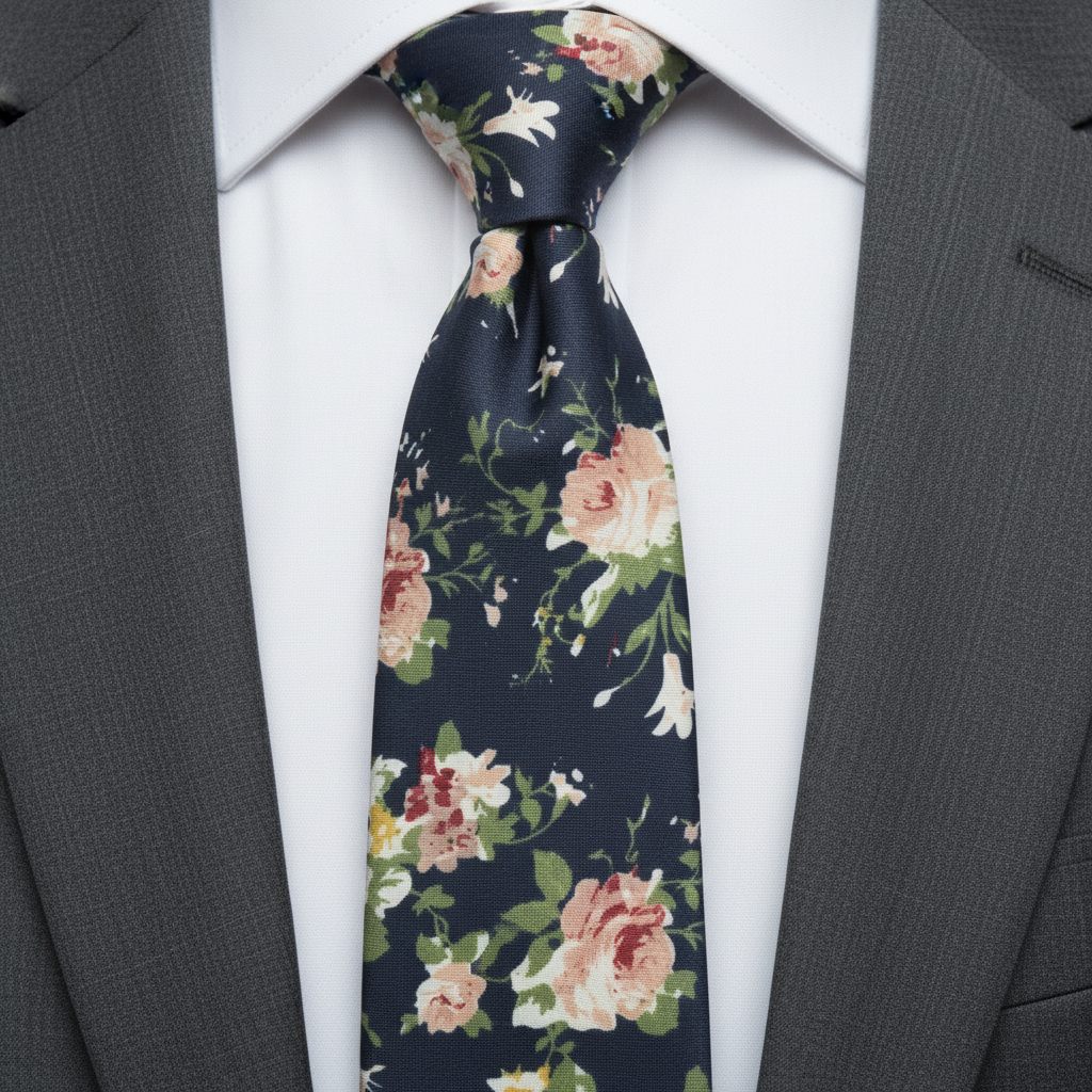 6cm Navy Peach Rose Floral Tie for Men