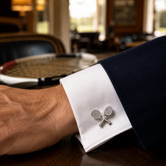 Albetro Tennis Racket Cufflinks silver pair on white background