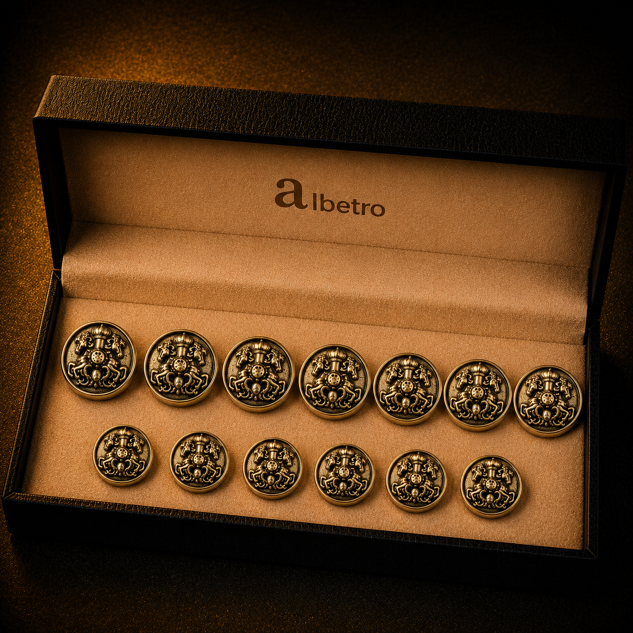 Set of gold buttons in a 'Albetro' branded box