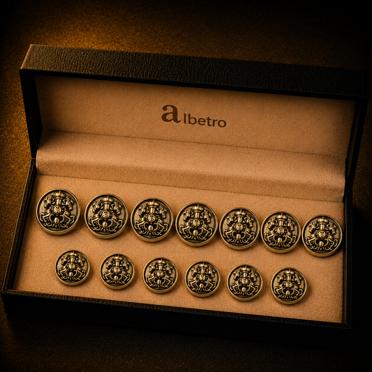 Set of gold buttons in a 'Albetro' branded box