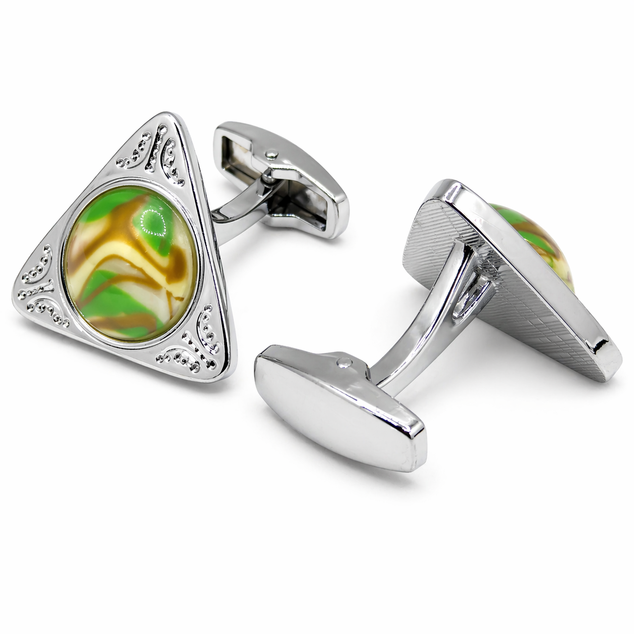 Cufflinks with triangular design featuring green and brown marbled stone on a white background