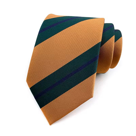 Striped tie with green and brown pattern on a white background