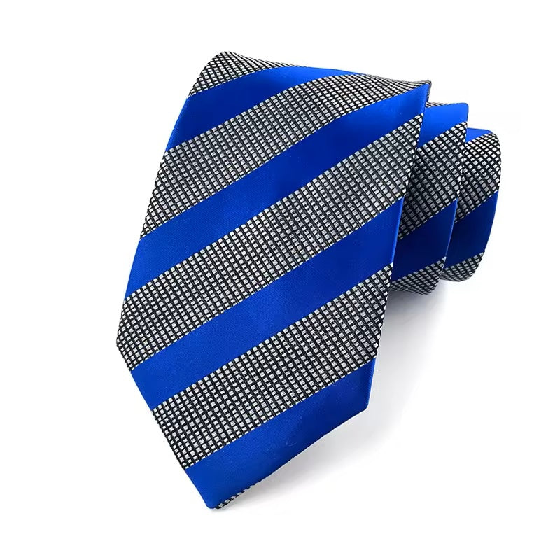 Blue and gray striped tie on a white background