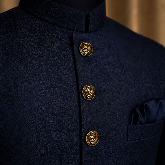 Navy blue jacket with gold buttons on a mannequin against a beige background