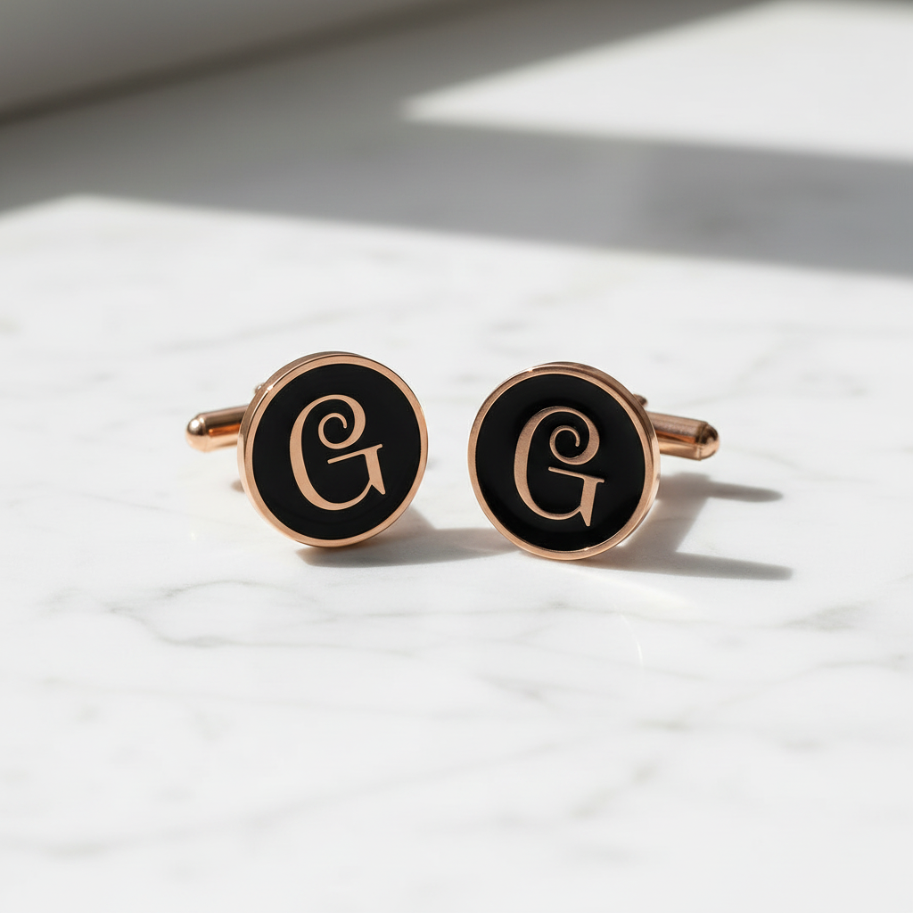 Pair of black cufflinks with rose gold border and letter 'G' on a white surface