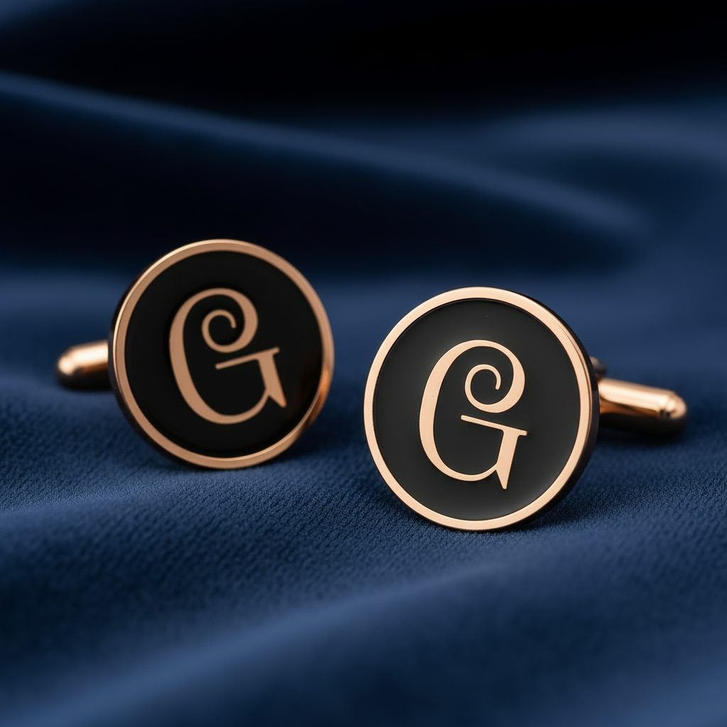 Black cufflinks with gold letter 'G' on a blue fabric background