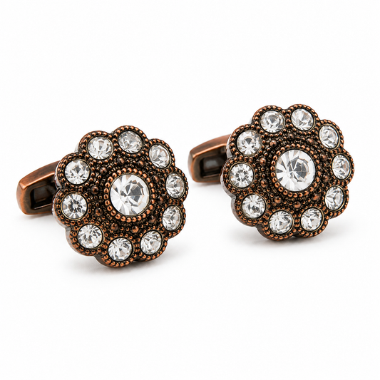 Antique Bronze Floral Crystal Cufflinks