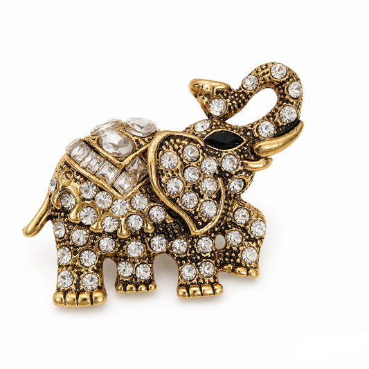Crystal Elephant Brooch — Antique Gold