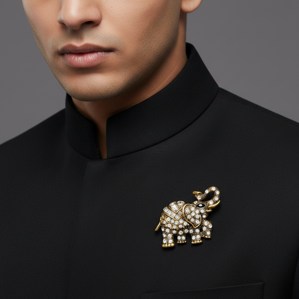 Crystal Elephant Brooch — Antique Gold