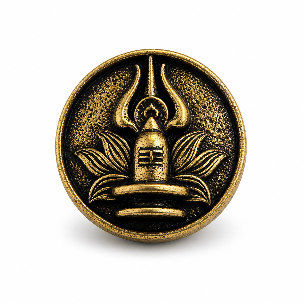 Bronze-colored emblem with a central design on a white background