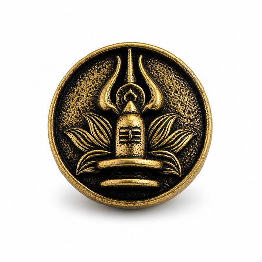 Bronze-colored emblem with a central design on a white background