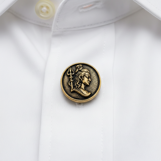 Decorative lapel pin on a white shirt