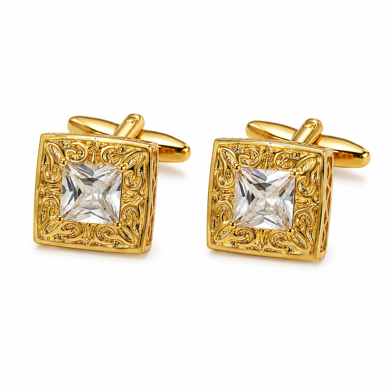White Crystal Engraved Gold Cufflinks