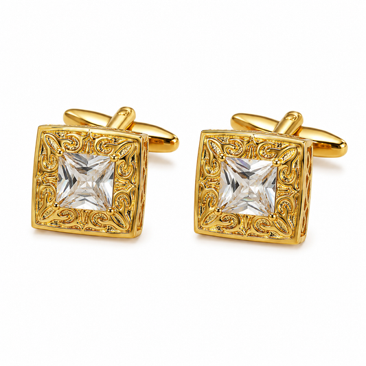White Crystal Engraved Gold Cufflinks