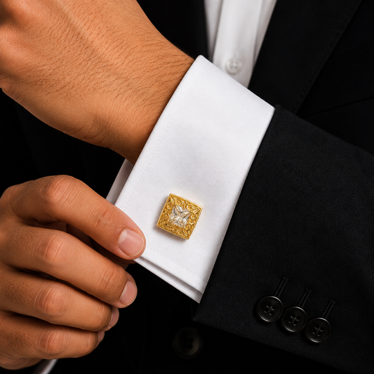 White Crystal Engraved Gold Cufflinks