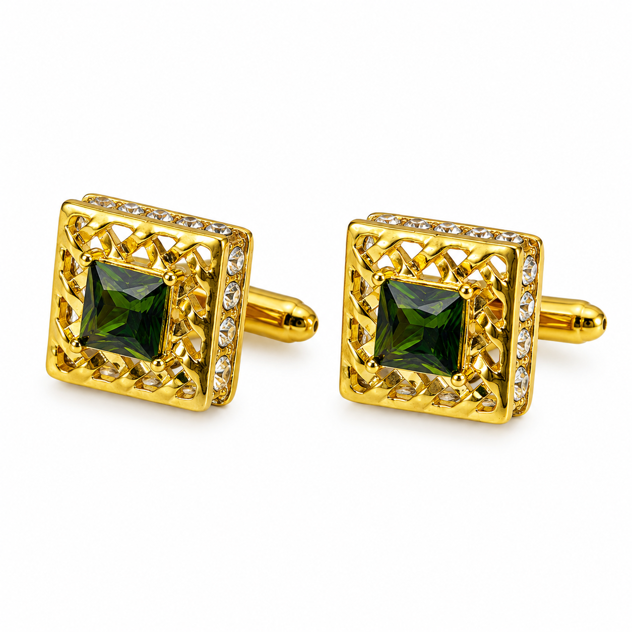 Emerald Stone Lattice Gold Cufflinks