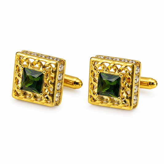 Emerald Stone Lattice Gold Cufflinks