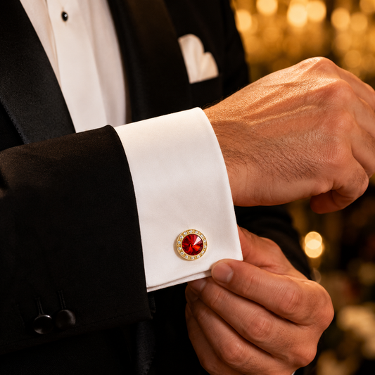 Man wearing Albetro Crimson Royale red stone gold cufflink with tuxedo