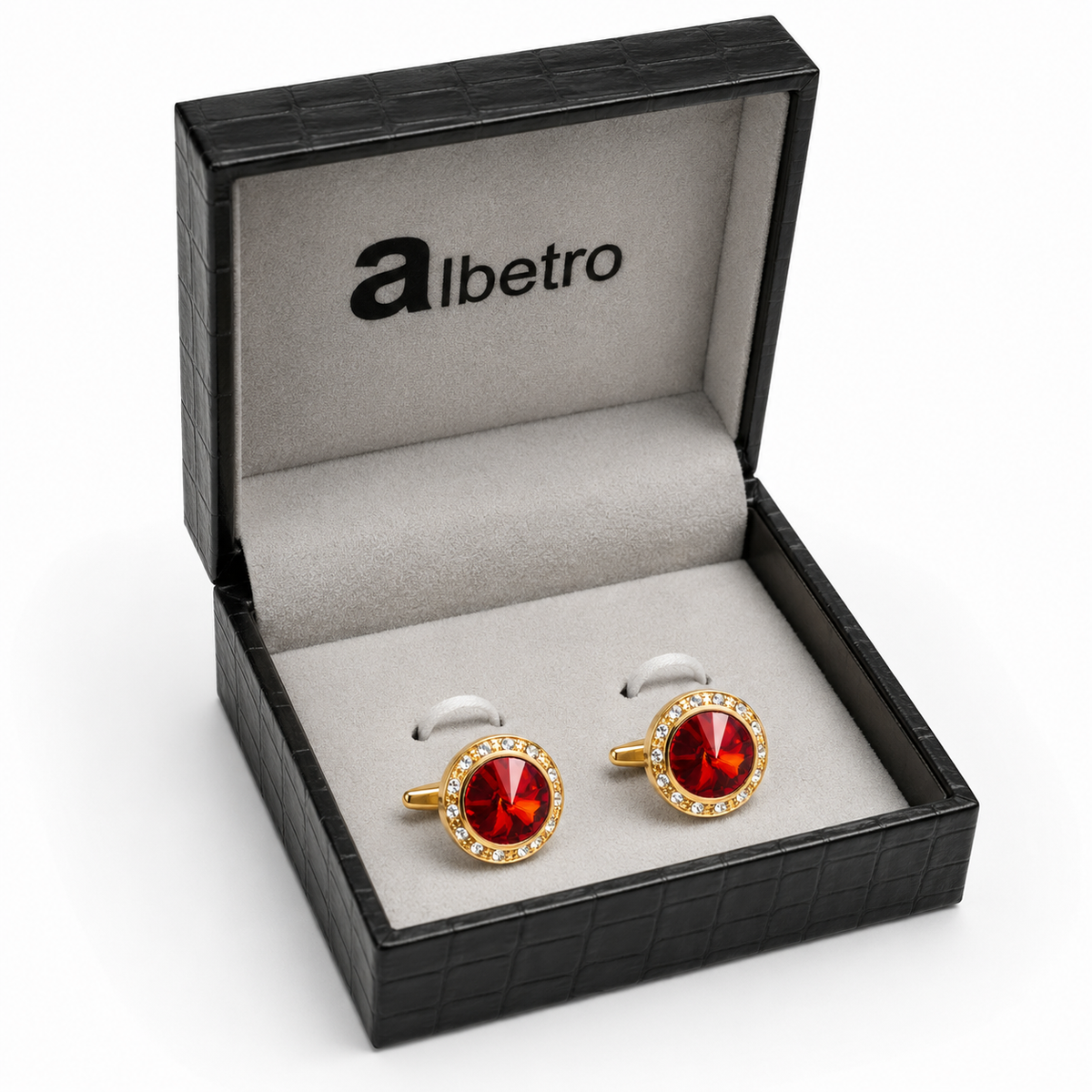 Albetro Crimson Royale red stone gold cufflinks in black leatherette gift box