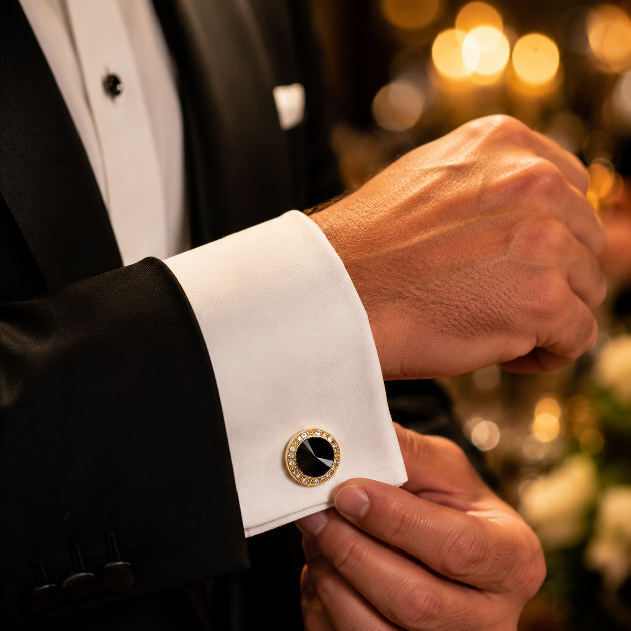 Man wearing Albetro Noir Royale black stone gold cufflink with tuxedo
