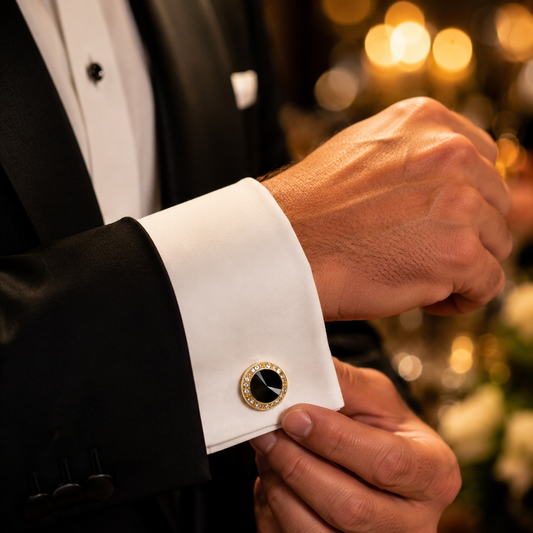 Man wearing Albetro Noir Royale black stone gold cufflink with tuxedo