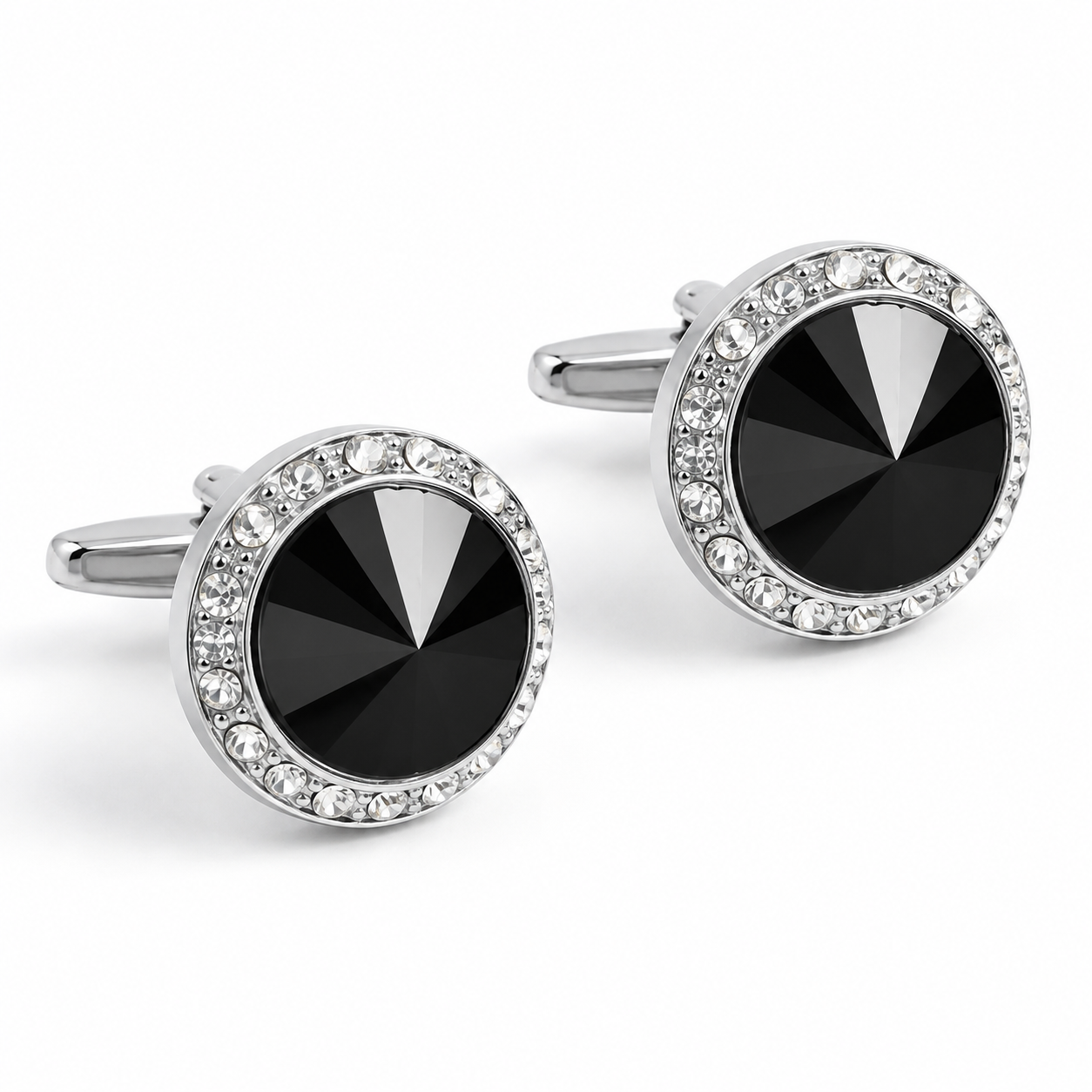 Albetro Noir Royale Silver black stone cufflinks pair on white background