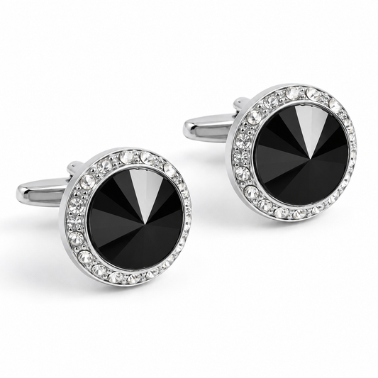 Albetro Noir Royale Silver black stone cufflinks pair on white background