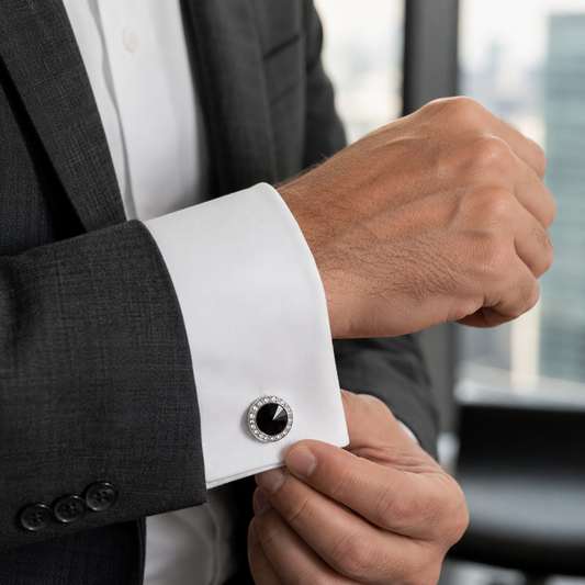 Albetro Noir Royale Silver black stone cufflinks in black leatherette gift box