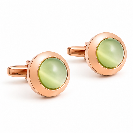 Albetro Verde Royale green stone rose gold cufflinks pair on white background