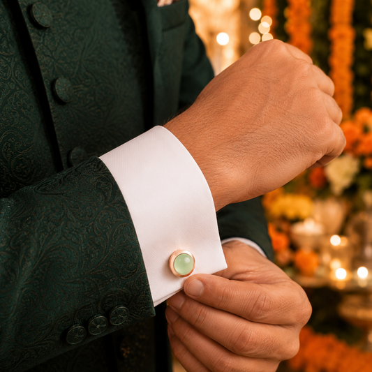 Man wearing Albetro Verde Royale green stone rose gold cufflink with bandhgala