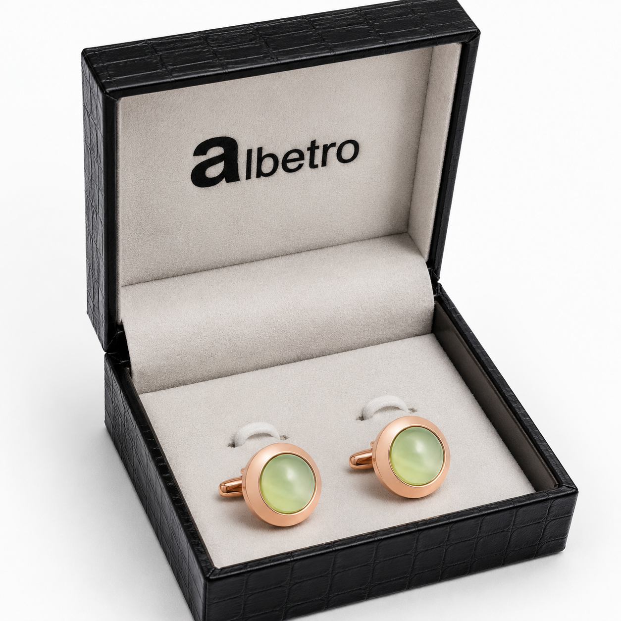Albetro Verde Royale green stone rose gold cufflinks in black leatherette gift box
