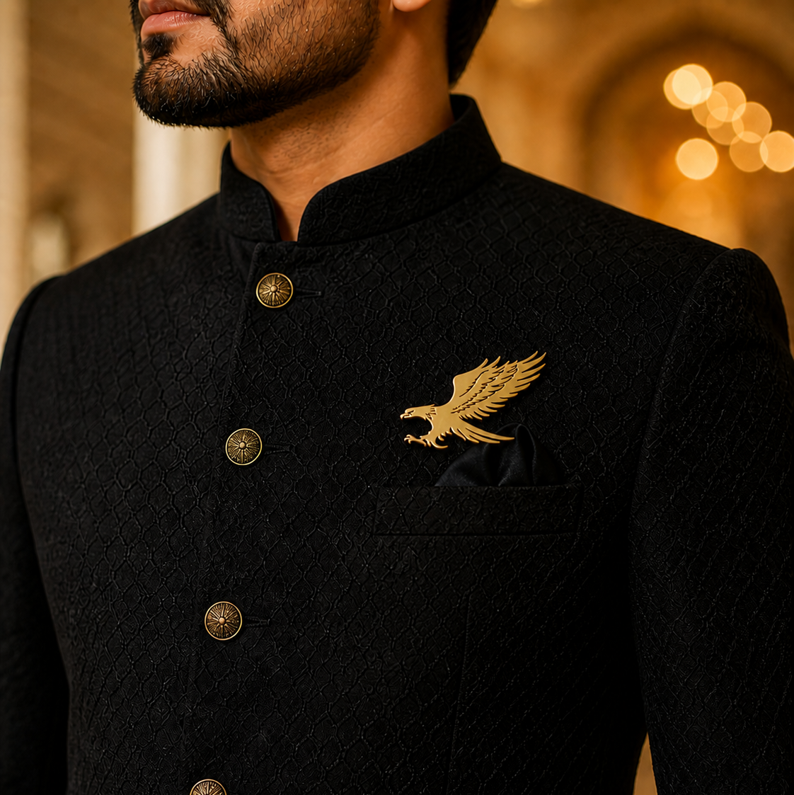 Black traditional outfit with gold embroidery on a blurred background