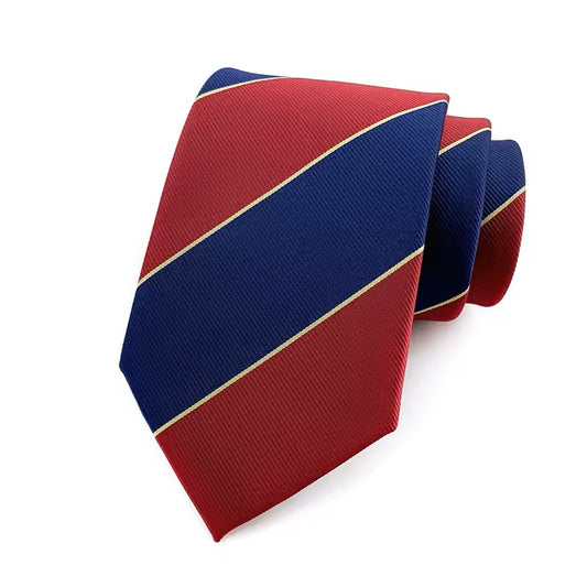 Red and blue striped tie on a white background