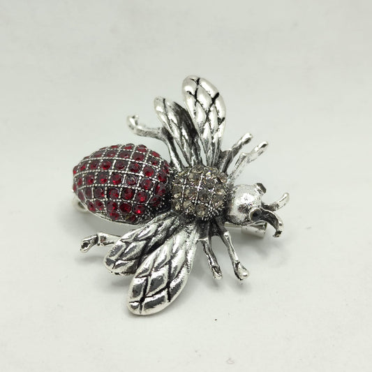 Crimson Crystal Bee Brooch – Silver Finish
