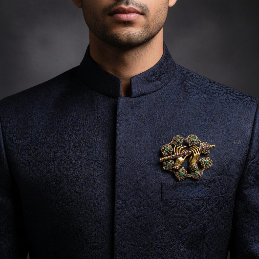 Divine Murli Hands Brooch – Antique Gold with Emerald & Ruby Accents