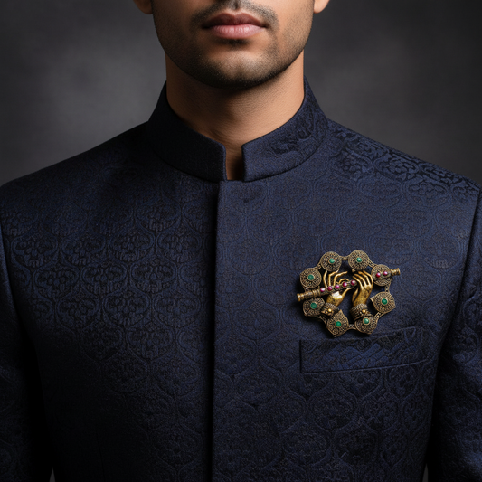 Divine Murli Hands Brooch – Antique Gold with Emerald & Ruby Accents