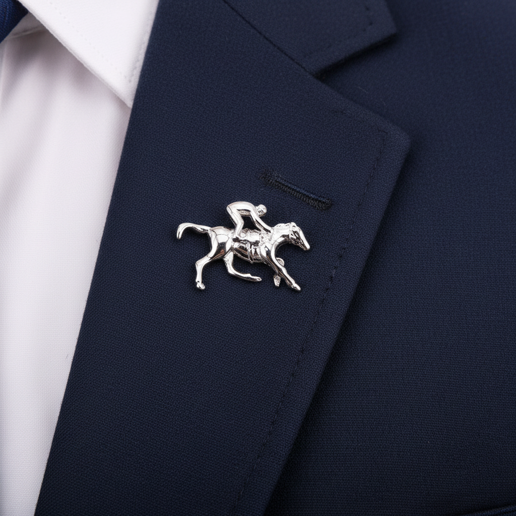 Galloping Horse Rider Lapel Pin Silver Finish
