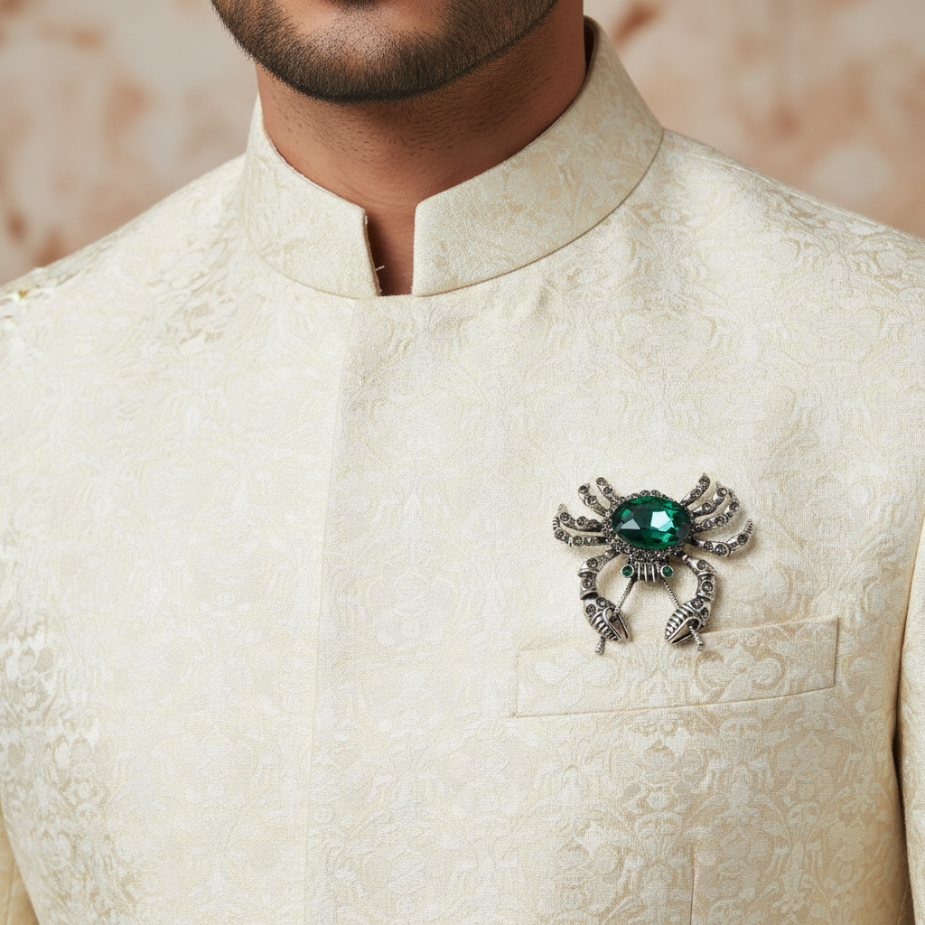 Silver spider-shaped brooch with a green gemstone on a light gray background