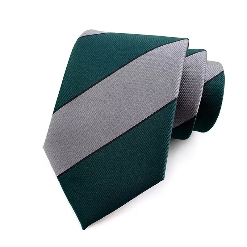 Green and gray striped tie on a white background