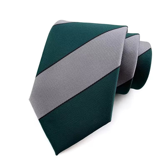 Green and gray striped tie on a white background