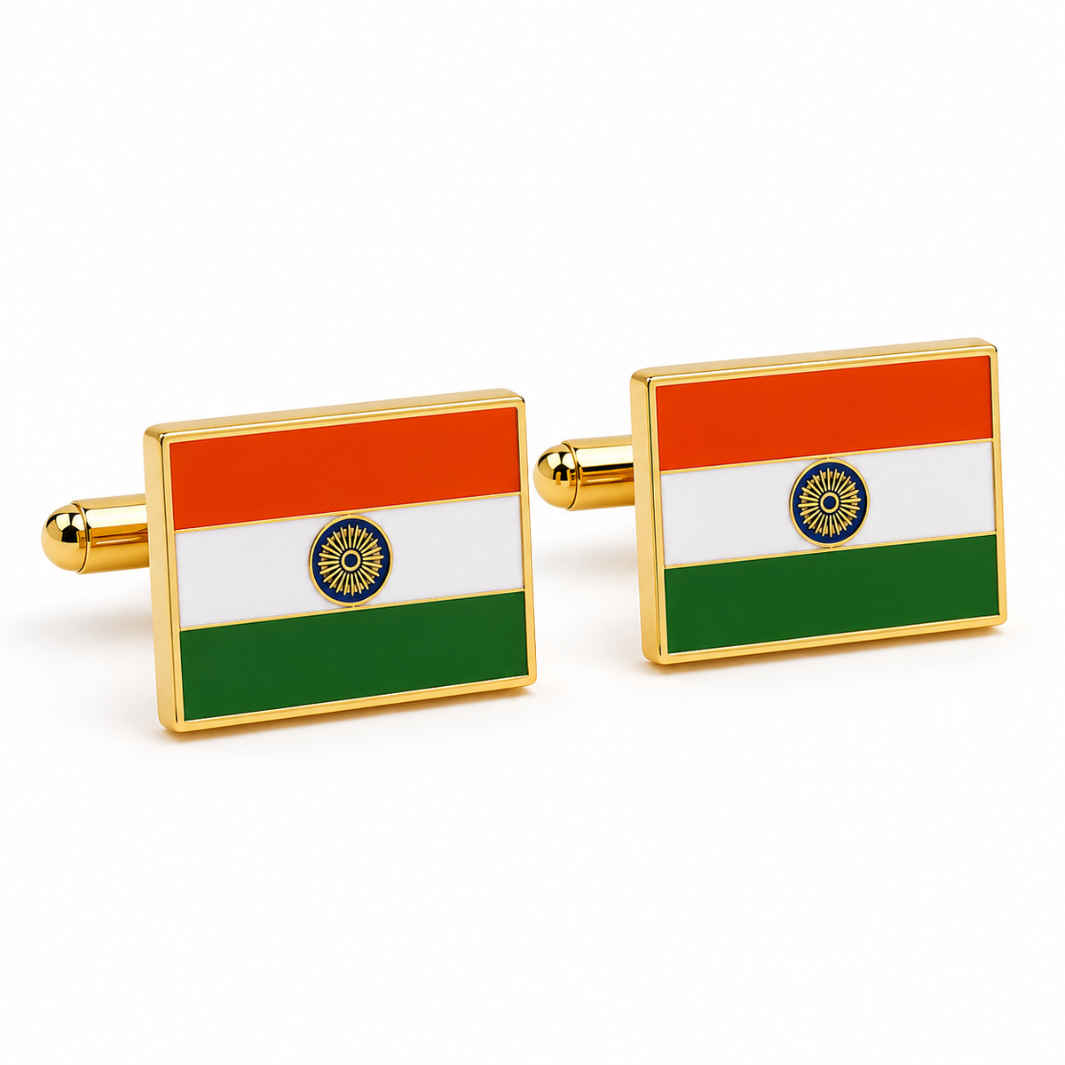 A pair of square cufflinks featuring the Indian flag design with gold-tone metal borders and bars, set against a plain white background.
