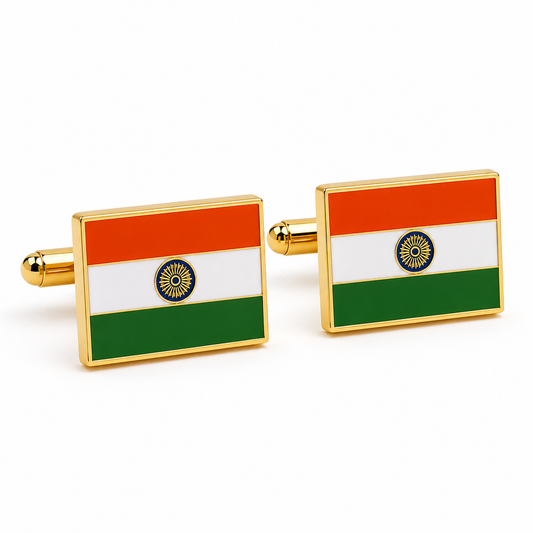 A pair of square cufflinks featuring the Indian flag design with gold-tone metal borders and bars, set against a plain white background.