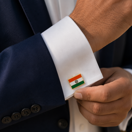 A close-up of a man's wrist wearing a navy suit jacket and white dress shirt, with his hand adjusting a small Indian flag lapel pin on the cuff.
